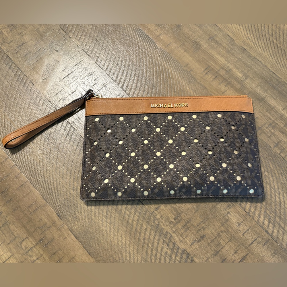 Michael Kors Brown and Tan Wristlet with Gold Details